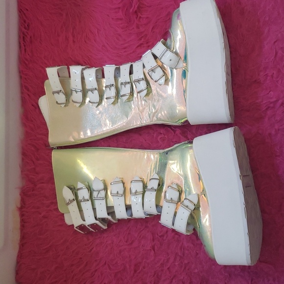 Vintage rare Demonia Swing 230 white with Green Sparkle Platform Boots Size 8 - Picture 1 of 12